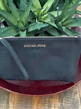 Michael Kors Black Pebbled Leather Zip Wristlet with Gold Logo